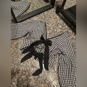 Black and White Checkered Crop Top with Bow